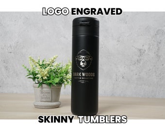Logo Engraved Skinny Tumbler • Custom Insulated Tumbler for Business • Office Bottle • Gifts for Corporate • Company Logo Merch • E16