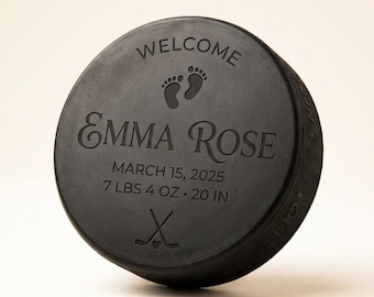 Personalized Hockey Puck Baby Birth Announcement, Custom Newborn Stats Gift for Hockey Dad, Engraved Nursery Decor, New Baby Keepsake
