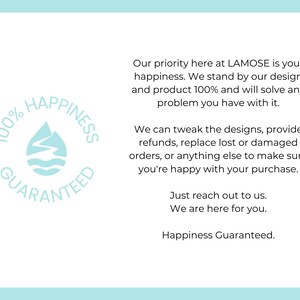 Light blue 100% happiness guaranteed logo with mountains and water, for Lámose designs.