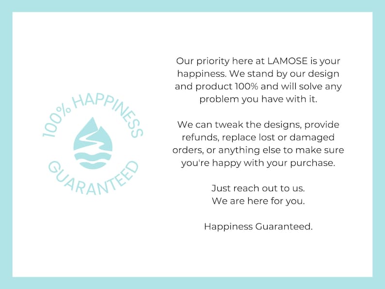 Light blue 100% happiness guaranteed logo with mountains and water, for Lámose designs.