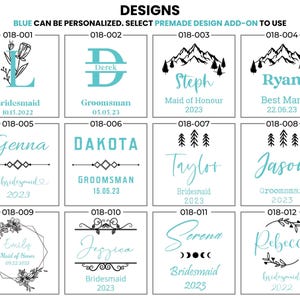 Personalized Bridesmaid & Groomsman Gifts: Custom metal drinkware with engraved names, dates, and designs. Available in various styles like floral monograms, mountains, and decorative borders. Perfect for wedding parties in teal, blue, and black.