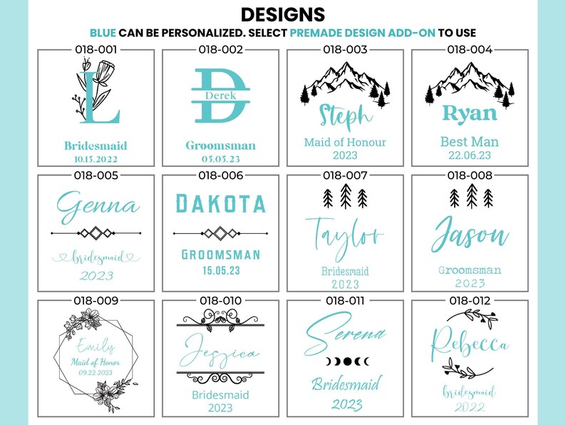 Personalized Bridesmaid & Groomsman Gifts: Custom metal drinkware with engraved names, dates, and designs. Available in various styles like floral monograms, mountains, and decorative borders. Perfect for wedding parties in teal, blue, and black.