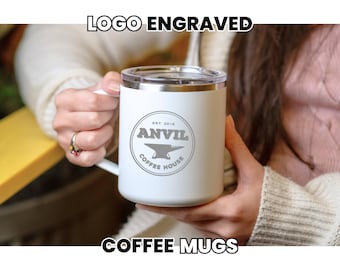 Logo Branded Coffee Mugs • Custom Insulated Mugs • Staff Department Gifts • Company Merch Swag • Logo Engraving • Corporate Gifts • H18