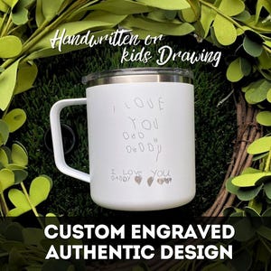 Kinderen tekenen op koffiemok, kinderen handgeschreven, originele tekening gegraveerd, aangepaste kinderkunstmok 18 oz, geïsoleerde roestvrijstalen mok • H180KD