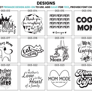 Mom premade designs, customizable font, black and white graphics for mugs, t-shirts, gifts. Includes Cool Mom, Dog Mom, Cat Mom, Plant Mom, Mama Needs Coffee and more.