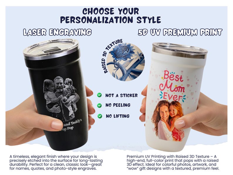A person's hands holding two personalized tumblers, one with a black engraved design and the other with a colorful design featuring a family portrait.