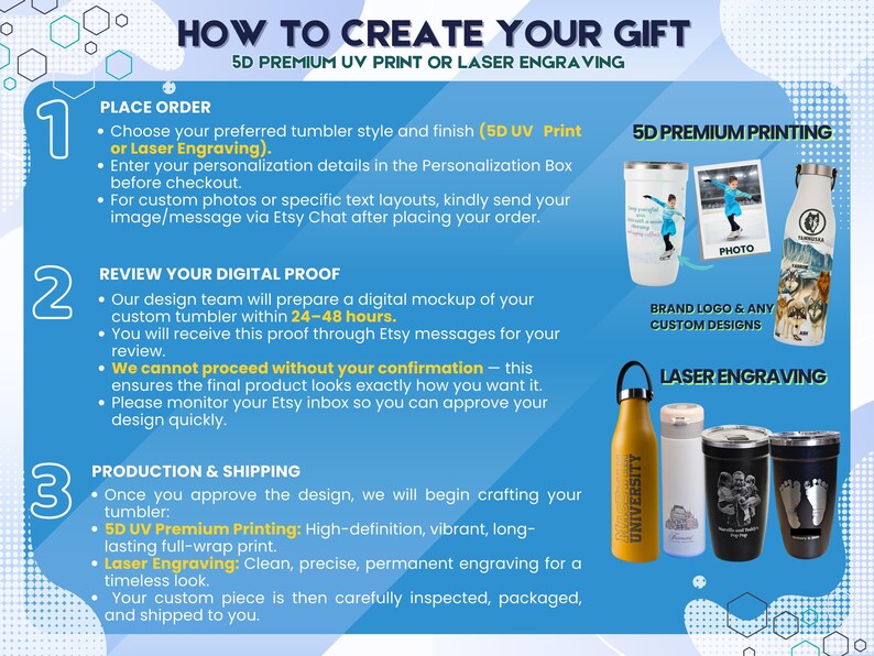 Custom tumbler with 5D UV print or laser engraving. Perfect for personalized gifts, featuring vibrant full-wrap prints or clean, permanent engraving on durable drinkware. Choose your style and add photos or text.