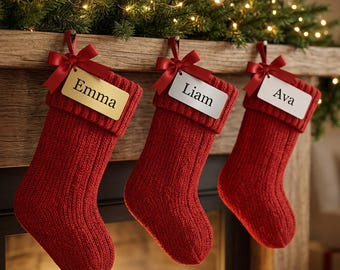 Christmas Stocking Name Tags, Engraved Stocking Tag with Ribbon, Personalized Stocking Name, Family Christmas Tags, Gold Stocking Tag