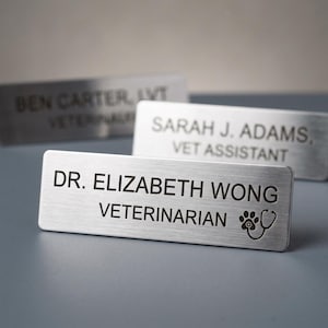 May include: Three rectangular brushed silver metal name badges with black engraved text. The front badge reads DR. ELIZABETH WONG VETERINARIAN with a paw print and stethoscope icon. The other badges show BEN CARTER, LVT and SARAH J. ADAMS, VET ASSISTANT.