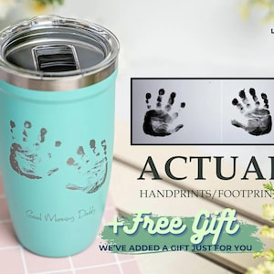 Baby Handprint Mug, Personalized Tumbler, Father&#39;s Day Gift, New Dad Gift, Engraved Coffee Cup, Unique Newborn Memory • P16