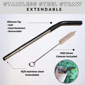 Extendable stainless steel straw with silicone tip, heat resistant, removable. Includes free straw cleaner. Perfect for tumblers and drinks.