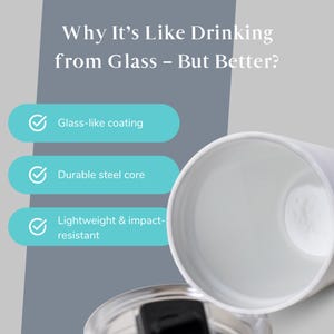 White ceramic-coated steel tumbler with a glass-like finish. Features durable steel core and lightweight, impact-resistant design. Ideal for hot or cold beverages, perfect for daily use, travel, and gifts.