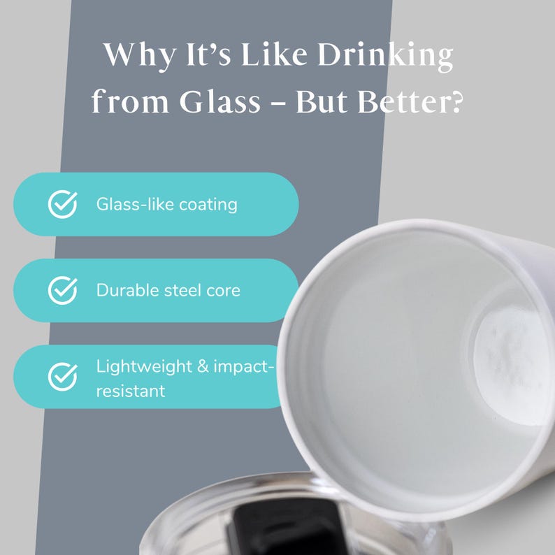 White ceramic-coated steel tumbler with a glass-like finish. Features durable steel core and lightweight, impact-resistant design. Ideal for hot or cold beverages, perfect for daily use, travel, and gifts.