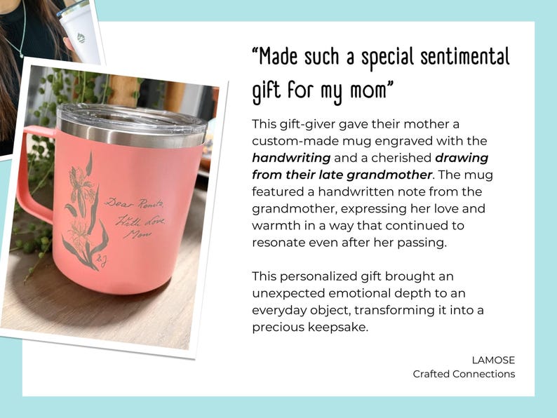 Coral engraved tumbler mug with handwritten note and drawing from Grandma. Personalized gift for Mom, sentimental keepsake. Made such a special sentimental gift for my mom. LAMOSE Crafted Connections.