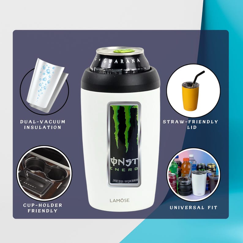 a can of monster energy drink next to a cup holder