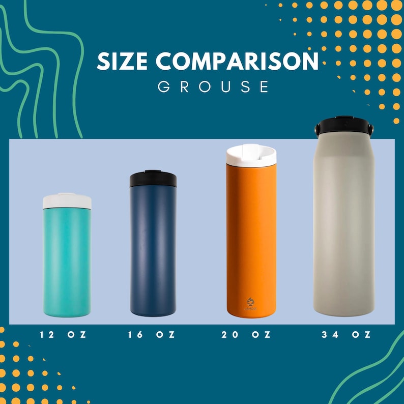 Four insulated tumblers/water bottles in teal, navy, orange, and grey. Sizes 12oz, 16oz, 20oz, 34oz. Perfect for hot or cold drinks. Customizable travel mugs and bottles.