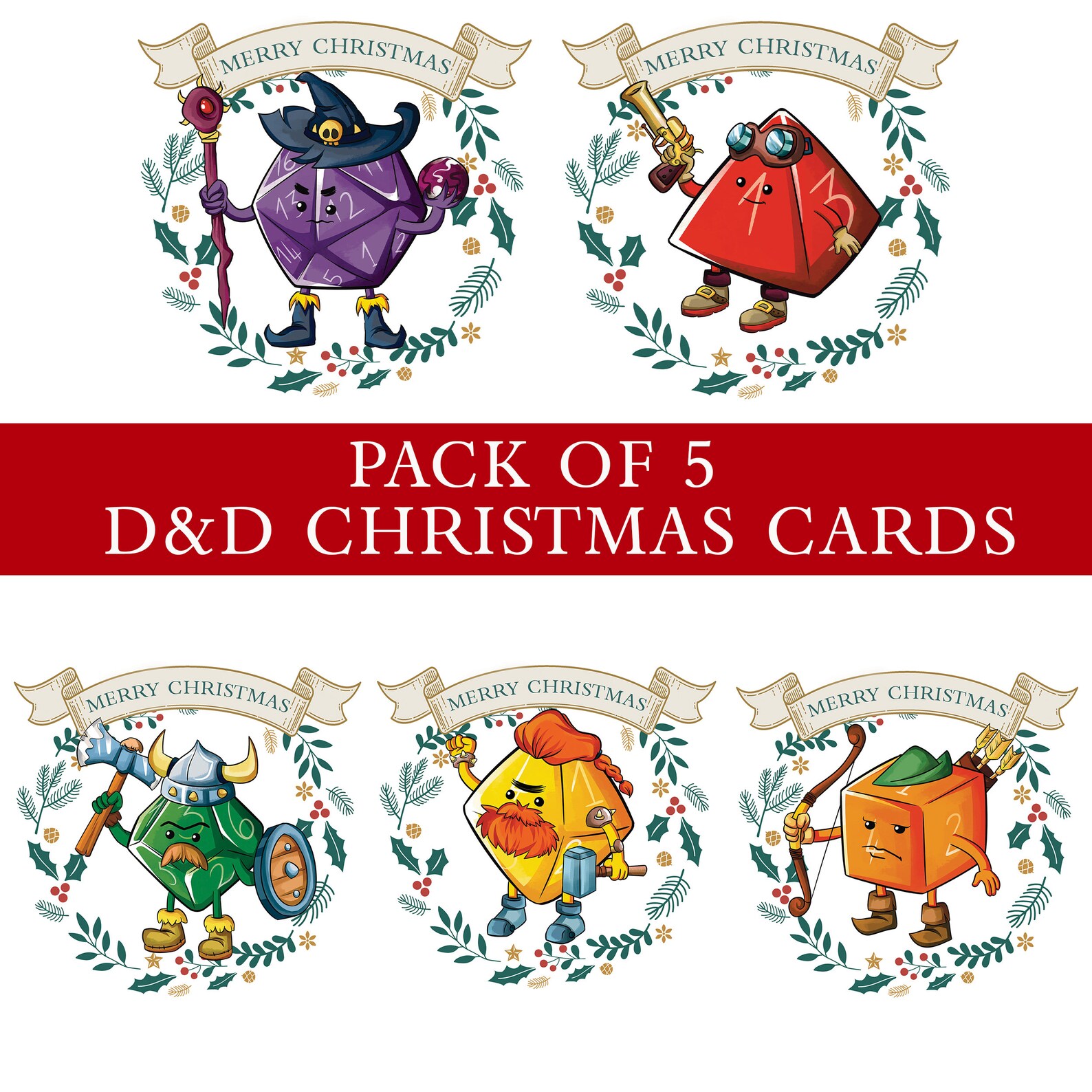 Pack of 5 Dnd Christmas Cards Dungeons and Dragons Christmas Etsy