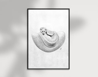 Art print of handmade illustration of a Snake. Detailed art, wild animal, jungle