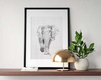 Art print of a handmade illustration of an Elephant. Detailed art, wild animal, jungle, pencil on paper