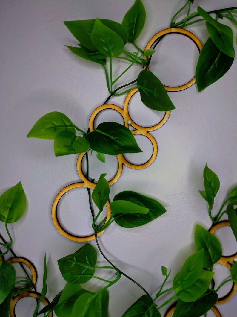 May include: A decorative wooden garland with a series of connected circles, resembling a chain, is draped over a green leafy vine. The garland is a light brown color and the leaves are a vibrant green.