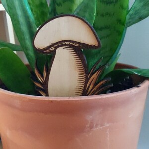 Pode incluir: Um marcador de planta de madeira em forma de cogumelo com um design detalhado, colocado em um vaso de terracota com uma planta cobra verde.