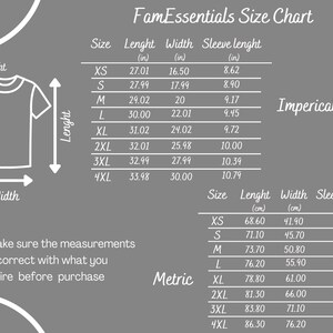 May include: Size chart for t-shirts in both inches and centimetres. The chart shows the length, width, and sleeve length for sizes XS to 4XL.