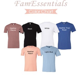 May include: Colour chart showing different t-shirt colours available. The colours are Heather Mauve, Black, White, Heather True Royal, Heather Peach, and Light Blue.