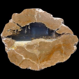 Peut inclure: Une tranche de géode polie présentant un bord extérieur rugueux de couleur beige avec des veines blanches complexes et un centre cristallin lisse, translucide et bleu-gris profond. Le spécimen a une forme organique irrégulière avec un contraste marqué entre l'extérieur terreux et la cavité intérieure sombre et vitreuse.