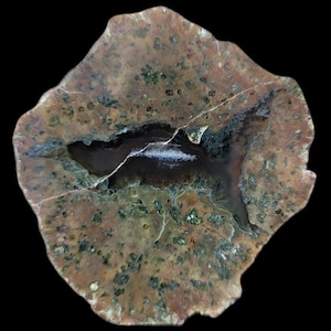 May include: A cross-section of a polished stone with a dark center and a light-colored, irregular outer edge. The stone features a mix of brown, green, and black colors with intricate patterns and textures. The stone is set against a black background.