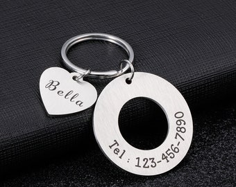 Personalised Round Solid Stainless Pet Tag Key Ring, Single Sided Dog Pet ID, Pet Tag with Heart Charm, Cat Tag, Microchipped Dog Collar