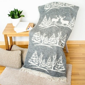 Grey warm wool throw with deer natural soft wool blanket in ivory grey Wool woodland forest theme blanket Christmas gift