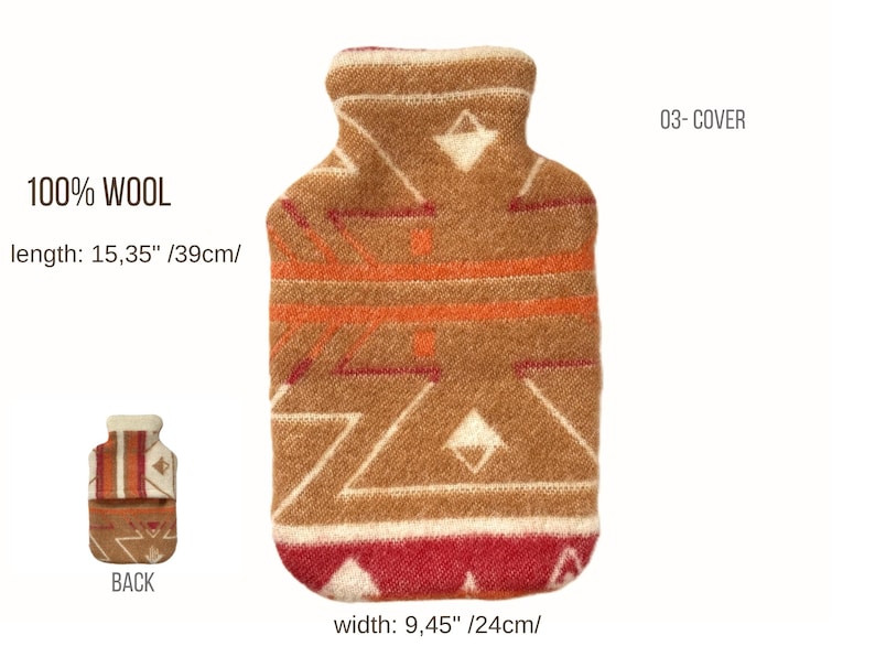 Size chart image: 100% wool Cover 03 with measurements 39 cm length and 24 cm width, plus small back-view icon