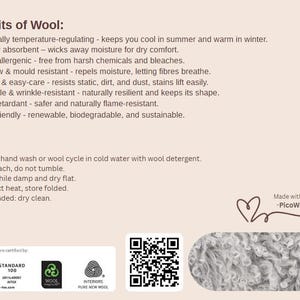 May include: A beige informational card detailing the benefits of wool, including temperature regulation and eco-friendliness. The card also provides care instructions and features a QR code, a logo, and a sample of the wool's texture.