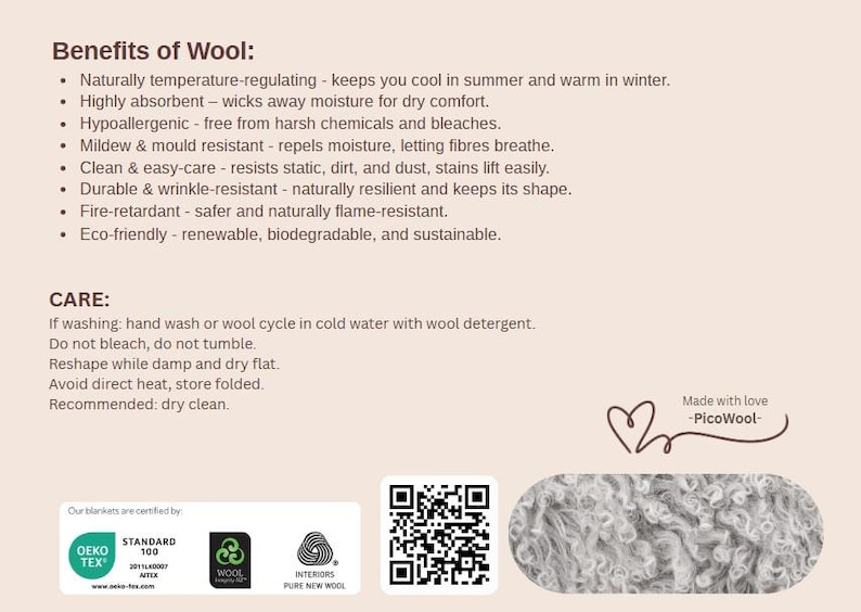 May include: A beige informational card detailing the benefits of wool, including temperature regulation and eco-friendliness. The card also provides care instructions and features a QR code, a logo, and a sample of the wool's texture.