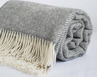 Grey Herringbone Wool Couch Blanket 51x75", Lightweight Summer Porch Throw, Picnic Lap Afghan | Wolldecke