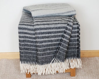Grey Wool Throw With Stripes, 130×190 cm - 100% NZ Wool, Lightweight, Fringe