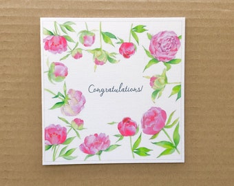 Blank greeting card with pink peonies, watercolor flowers card Congratulations, Holiday Postcard