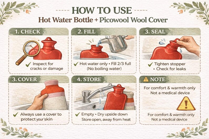 May include: Illustrated guide on how to use a hot water bottle with a Picowool wool cover. The steps include checking for damage, filling with hot water, sealing, covering, and storing. The guide also includes a note about comfort and warmth.