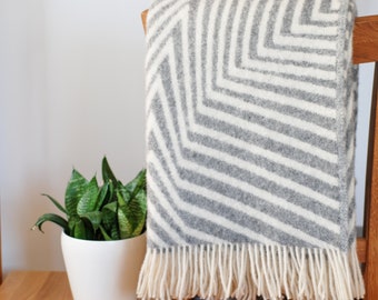 Warm New Zealand wool throw fringe natural soft wool blanket in ivory grey Wool geometric blanket home decor