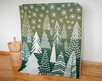 Warm New Zealand wool throw with forest trees, natural soft wool blanket in ivory moss green