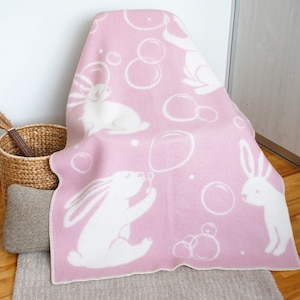 Pink throw blanket for kids, warm bunny wool crib blanket, winter soft wool throw, gift for new mom, extra cot bed cover