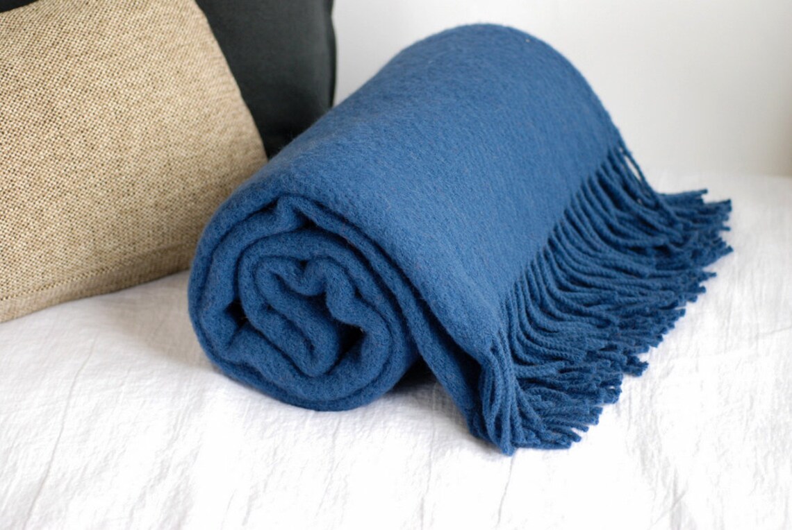Electric Blue Natural Wool Blanket With Fringes Light Wool Etsy UK