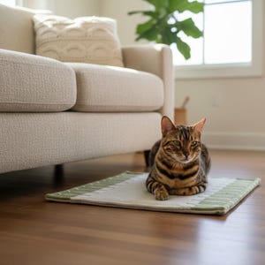 K&ouml;nnte beinhalten: Eine braun-schwarze Bengal-Katze liegt auf einem kleinen rechteckigen Teppich mit gr&uuml;ner Umrandung. Die Katze liegt auf einem Holzboden in der N&auml;he eines beigen Sofas und eines Fensters.
