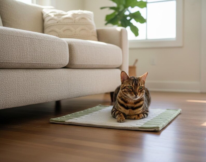 K&ouml;nnte beinhalten: Eine braun-schwarze Bengal-Katze liegt auf einem kleinen rechteckigen Teppich mit gr&uuml;ner Umrandung. Die Katze liegt auf einem Holzboden in der N&auml;he eines beigen Sofas und eines Fensters.
