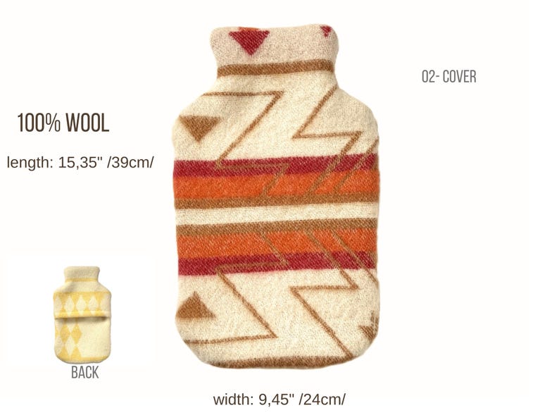 Size chart image: 100% wool Cover 02 with measurements 39 cm length and 24 cm width, plus small back-view icon