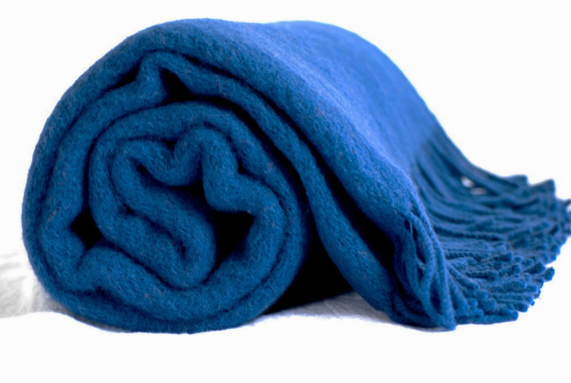Electric Blue Natural Wool Blanket With Fringes Light Wool Etsy UK