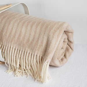 Light brown wool throw, warm soft wool blanket, lightweight waves weaving wool throw brown ivory