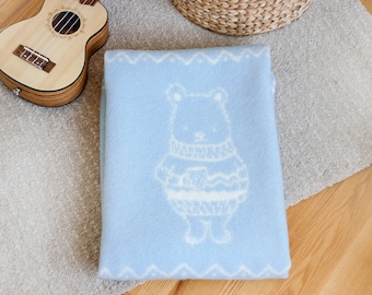 Kinder Wolldecke - Teddybär, Blau, 90×140cm, Wolle