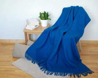 Electric blue natural wool blanket with fringes, light wool throw blanket, wool home decor sheep wool blanket