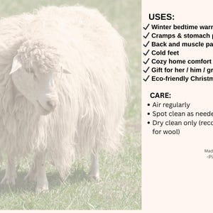 May include: A fluffy, cream-colored sheep stands in a grassy field. The image includes text listing uses such as winter warmth and cozy comfort, and care instructions. The product is made with PicoWool.